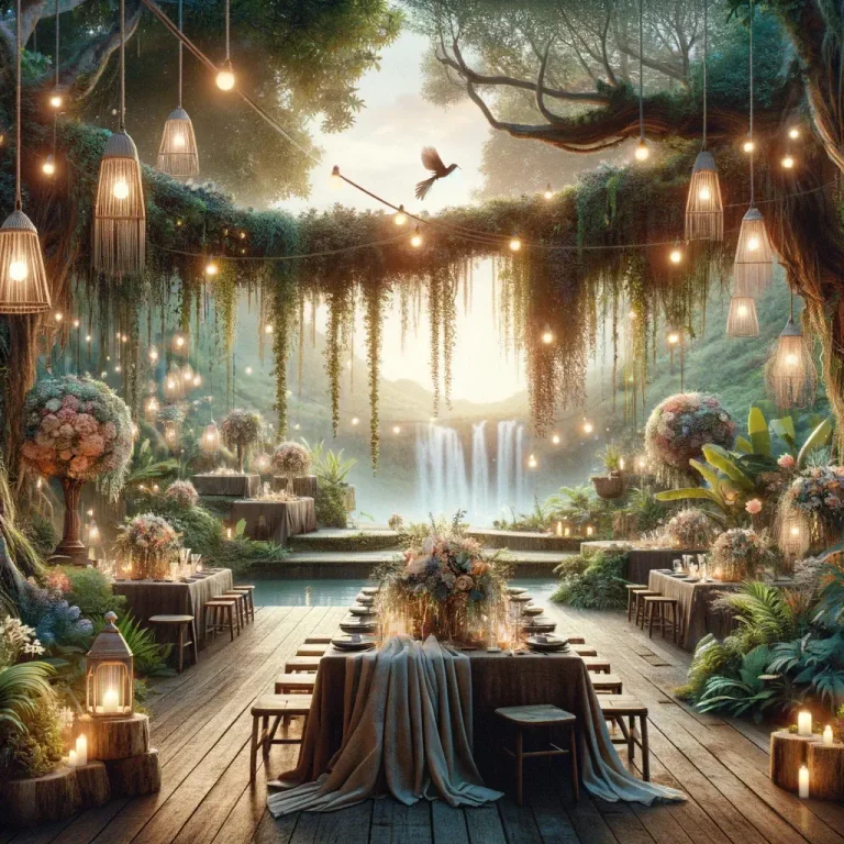 Ilustración de una mesa de banquete en un jardín con cascada y guirnaldas de luces